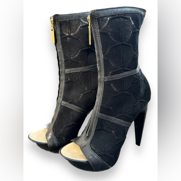 LAMB Black Gold Leather Trim Open Toe Zip Platform High Heel Booties Size 7 - Picture 2 of 8